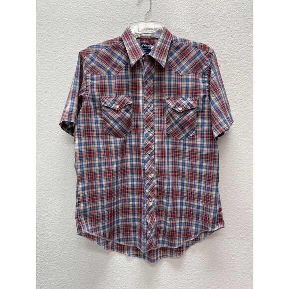 VTG Wrangler Shirt Plaid Check X-Long Tail Regular Fit Western Cowboy Pearl Snap